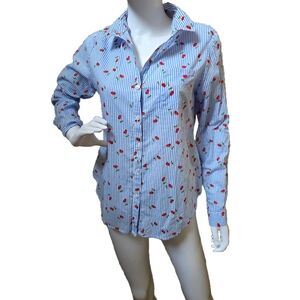 Love Notes Blue and White Cherry Print Shirt 100% Cotton